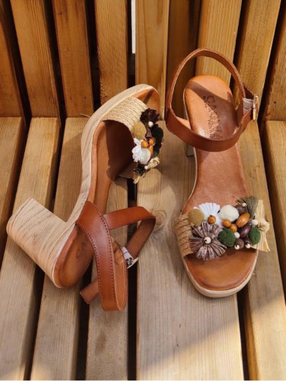 Embellished Tan Espadrille Block Heel Sandals by Cagiva - Women Size 39 (8)